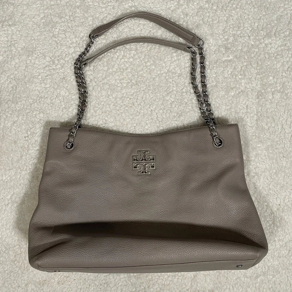 Tory Burch Britten Triple Compartment Tote Bag French Gray Pebbled Leather Chain